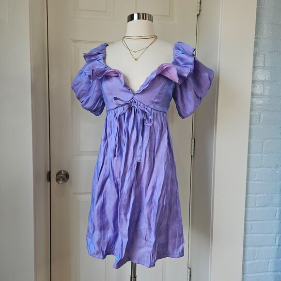 Anthropologie 4si3nna Puff Sleeve Pearlescent Purple Mini Dress Small Sabrina - Picture 2 of 13